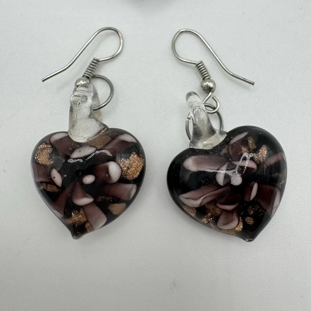 Murano Style Art Glass Heart Earrings Copper Aventurine Dangle‎ Handmade Look